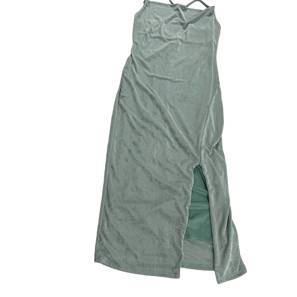 21 SAINTS Womens Sz S Green Midi Dress Crowl Neck Low Back Side Slit Shiny Fairy - Picture 3 of 12